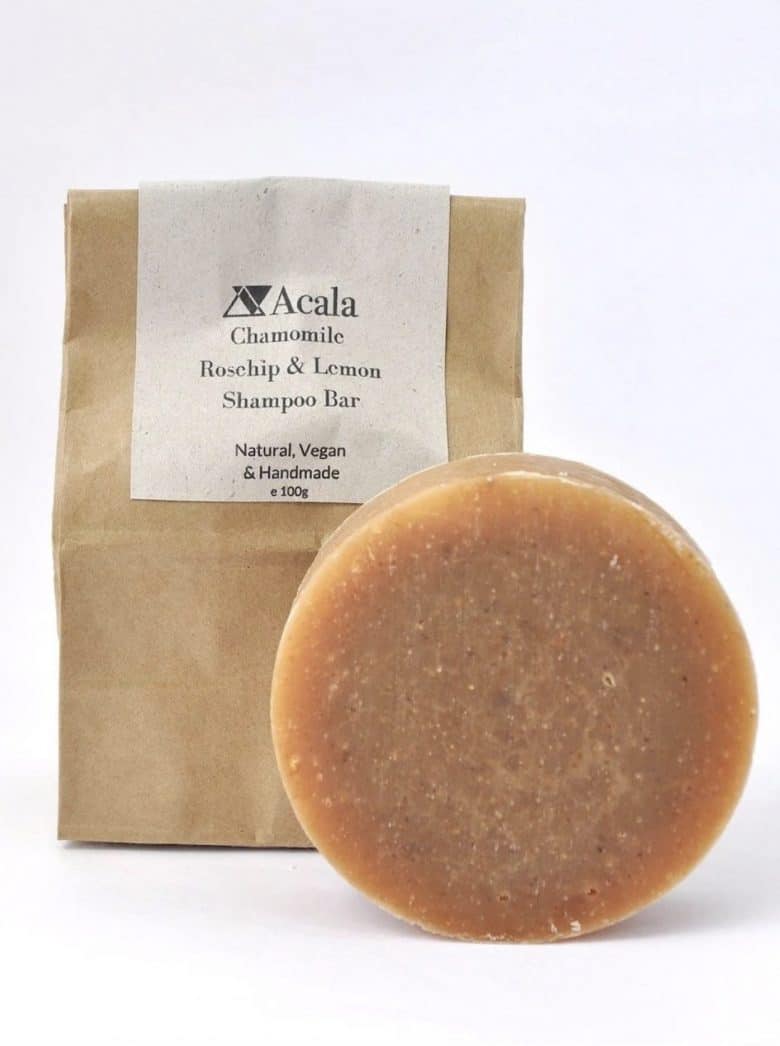 Acala vegan shampoo bars chamomile rosehip and lemon made in wales using cold-pressed sunflower oil and natural ingredients, plastic free and zero waste packaged in recycled kraft paper #plasticfree #zerowaste #shampoo #madeinwales #vegan
