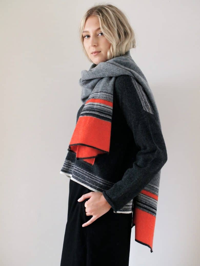 jules hogan coral and grey wool wrap knitted in the uk by british designer maker jules hogan