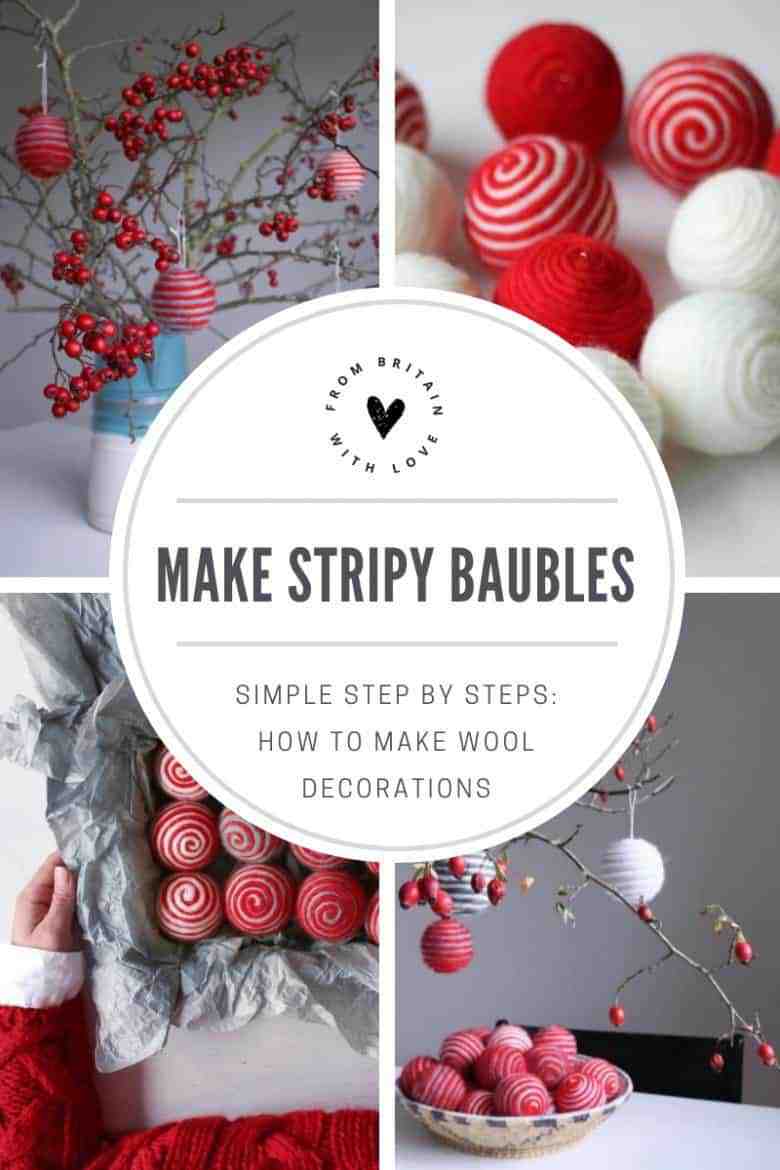 how to make stripy wool baubles. Click through for easy step by step tutorial to making these simple to make beautiful christmas decorations to love for years and years #make #bauble #stripy #wool #DIY #tutorial #craftychristmas #christmasdecorations