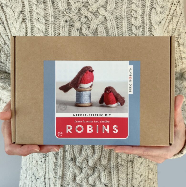 needle felt robins kit by bergin and bath. Super easy DIY felting craft kit to make the cutest chubby Christmas decorations for your tree and 