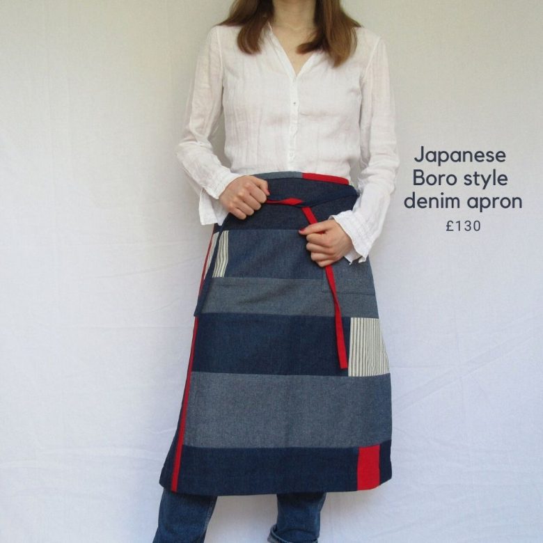 japanese boro style denim patchwork half apron with red ties