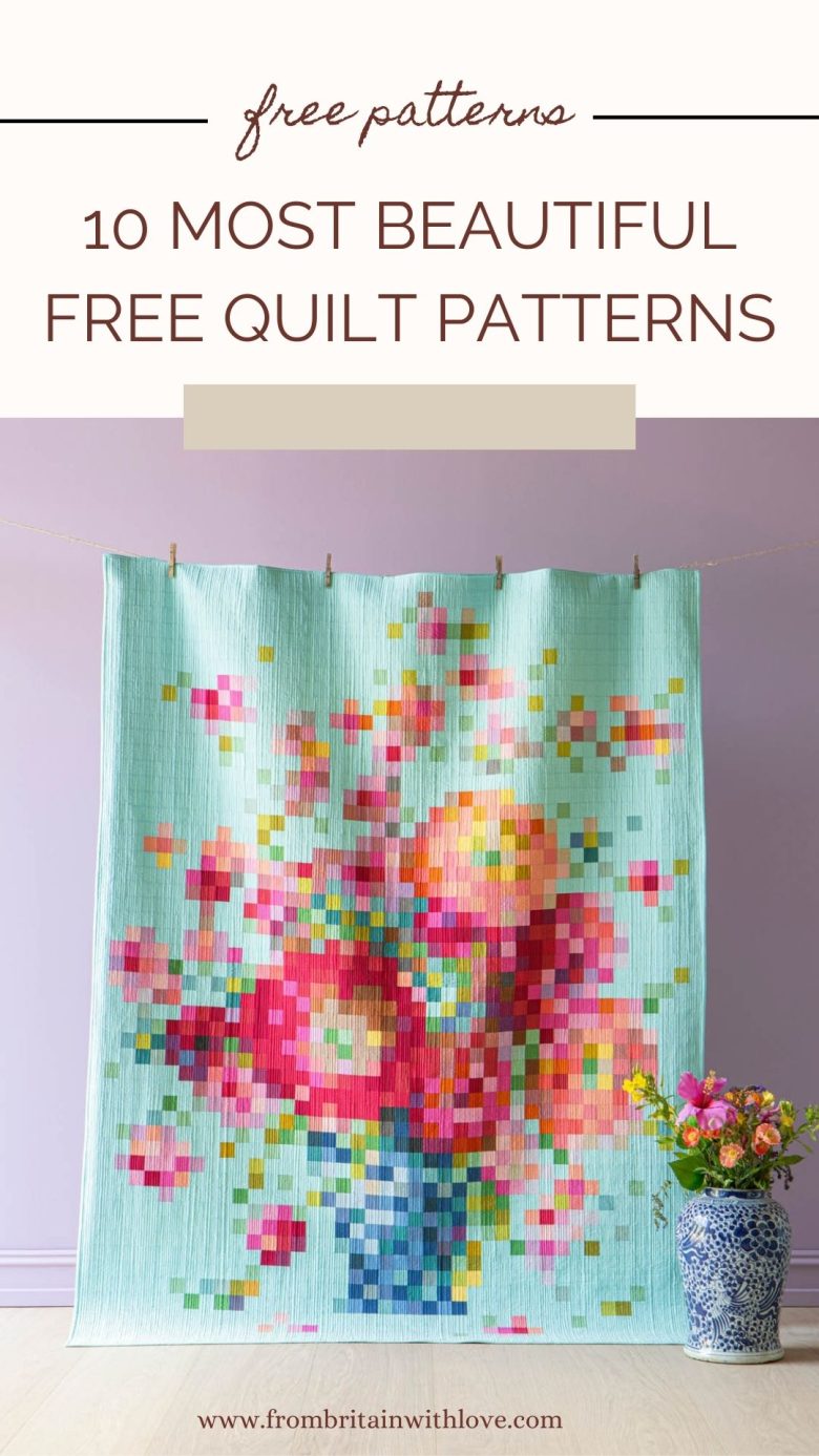 10 most beautiful free patchwork quilt patterns by Tilda. if you're looking for a beautiful patchwork quilt pattern, this stunning Embroidery Flower Vase pattern by Tilda, is inspired by needlepoint and is a spectacular contemporary patchwork that is difficulty rating easy.  Read my post to get this free pattern as well as nine other free beauties. Whether you're a beginner or advanced quilter I hope you'll find something to inspire you. Why not start planning your next quilt making project today? Just think the quilts we make now will be loved for decades to come. Hope you find inspiration in my post and happy quilting!