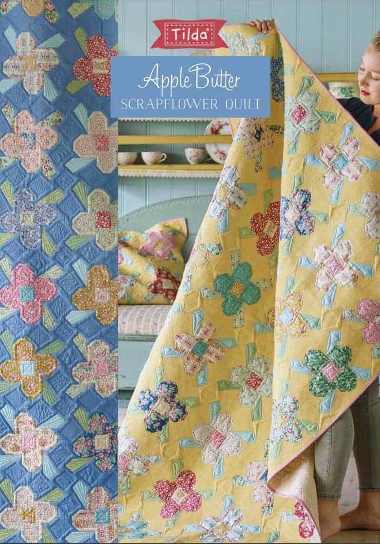 scrapflower patchwork quilt pattern free tilda apple butter yellow or blue - get your free pattern PDF download with all the info you need to make your own beautiful patchwork quilt