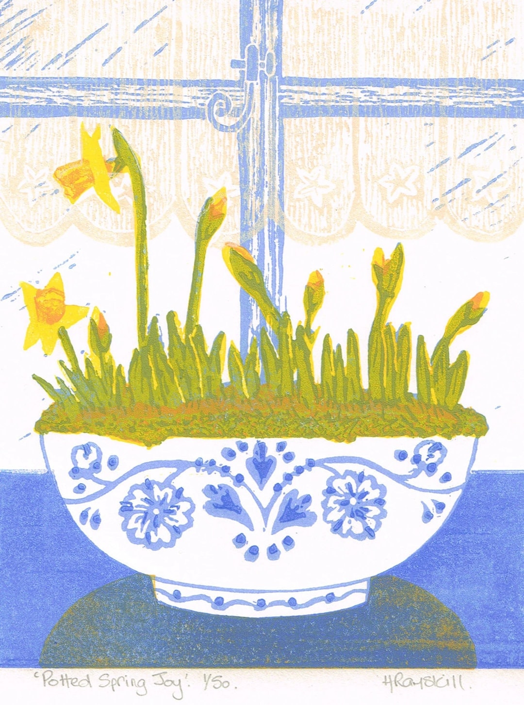 bowl spring flowers linocut print showing daffodils and moss in a blue and white china bowl handmade by little ram studio