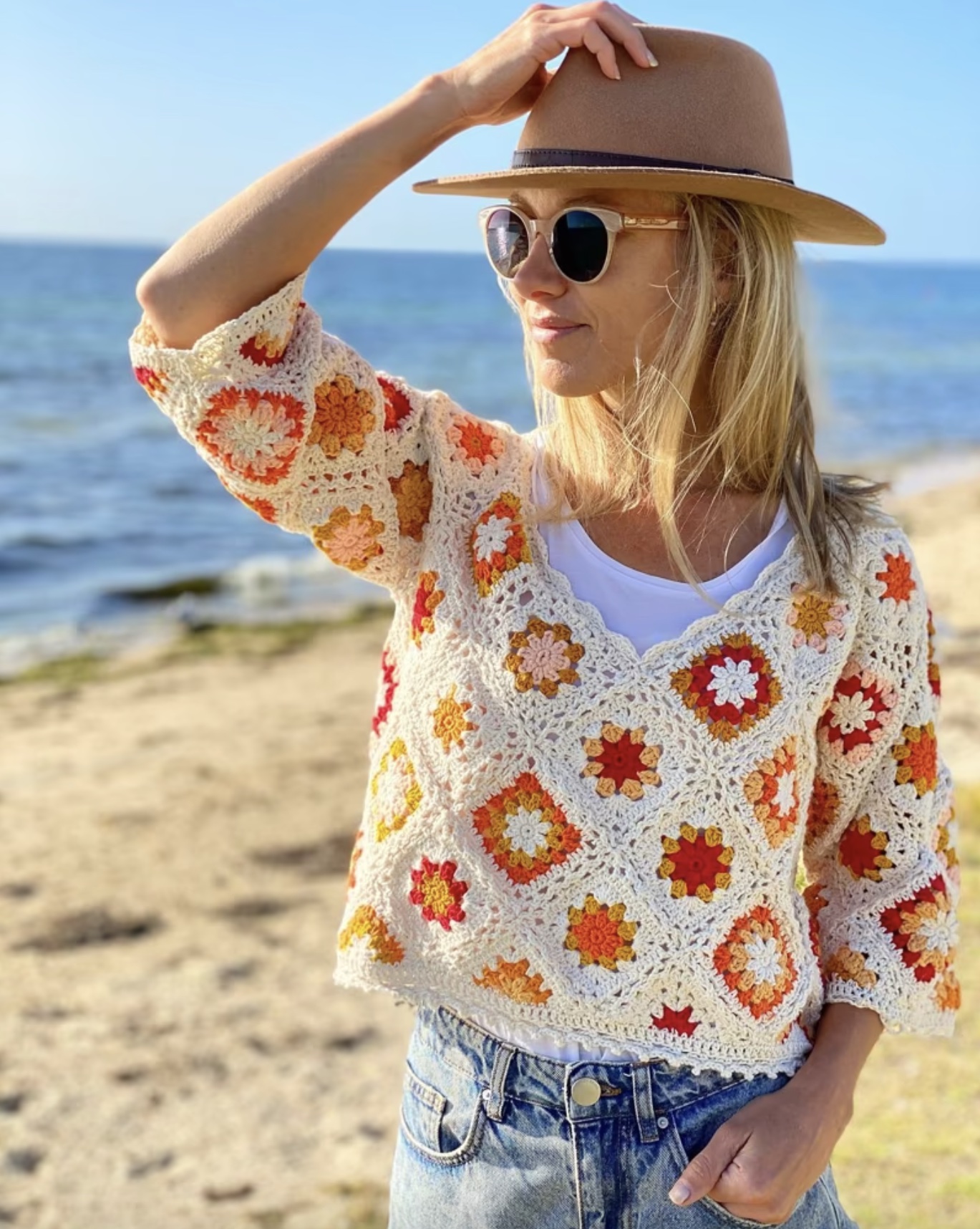 Granny Square Long Sleeve Top Colorful Crochet Crop Top Hand