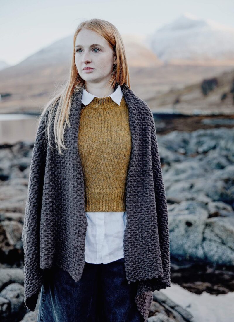 Eas Fors Fearna shawl made on the isle of mull with cruelty free and mulesing free natural lambswool in dulse. Save 15% with our unique reader discount code