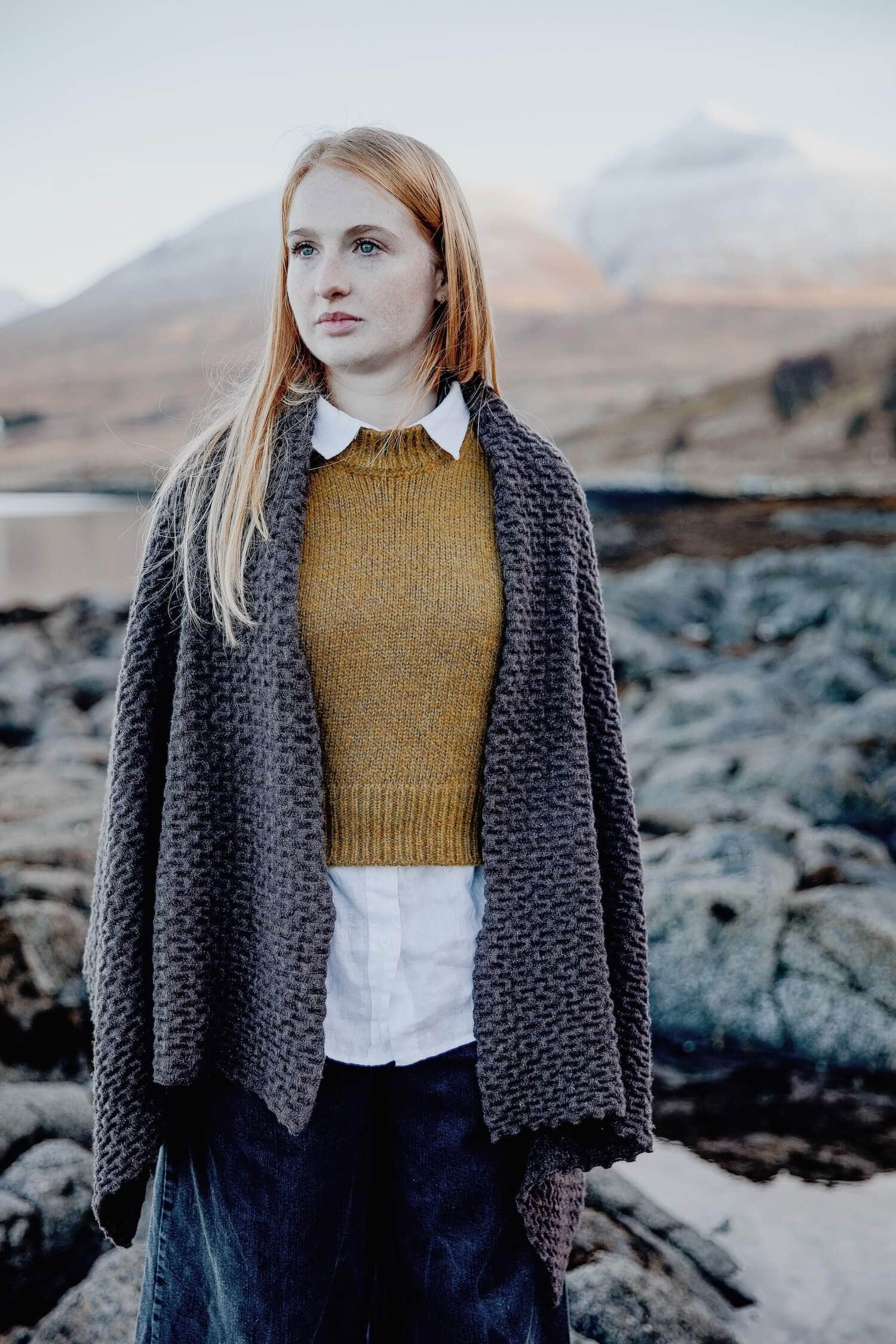 Eas Fors Fearna shawl made on the isle of mull with cruelty free and mulesing free natural lambswool in dulse. Save 15% with our unique reader discount code