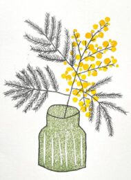 kathy hutton hand printed screen print of mimosa in green glass jar fine art ready to frame and signed by the artist