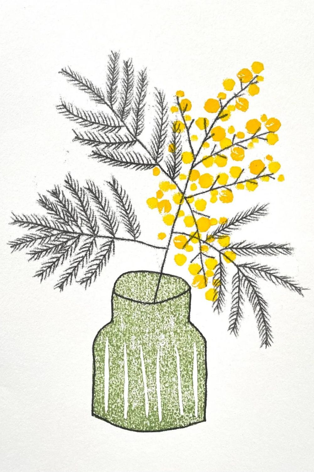 kathy hutton hand printed screen print of mimosa in green glass jar fine art ready to frame and signed by the artist