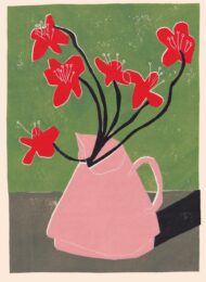 red geums in pink vase artwork print by luiza holub