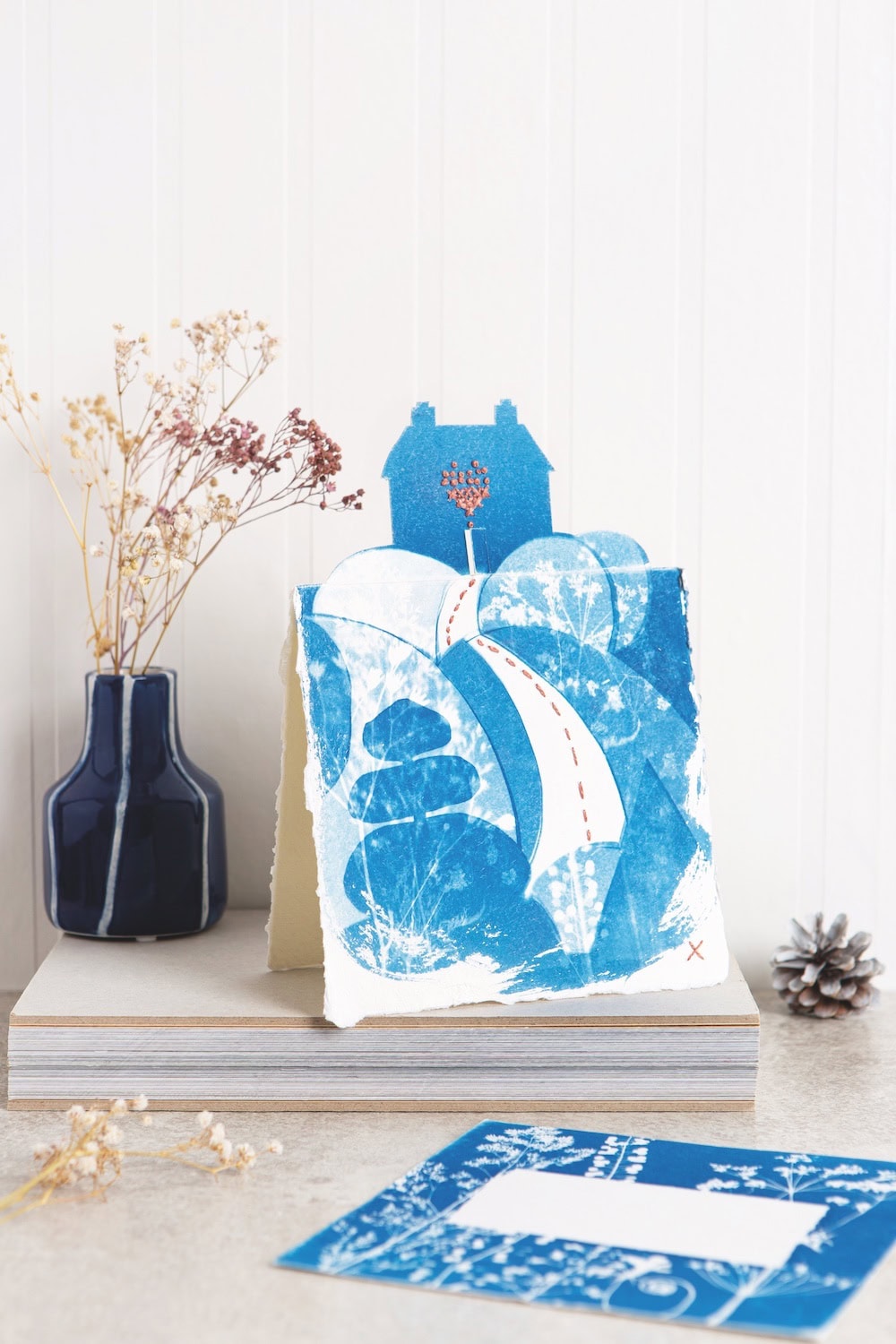 cyanotype topiary greetings card with embroidery detail by kim tillyer from her new book Beginner's Guide to Cyanotype. We have four signed copies to give away as well as a free diy tutorial by kim for you to try your hand at this highly enjoyable and creative craft