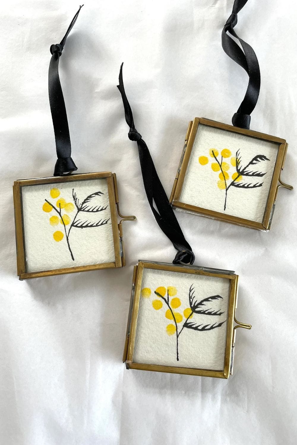 hand painted mimosa flowers in miniature brass hanging frames by kathy hutton