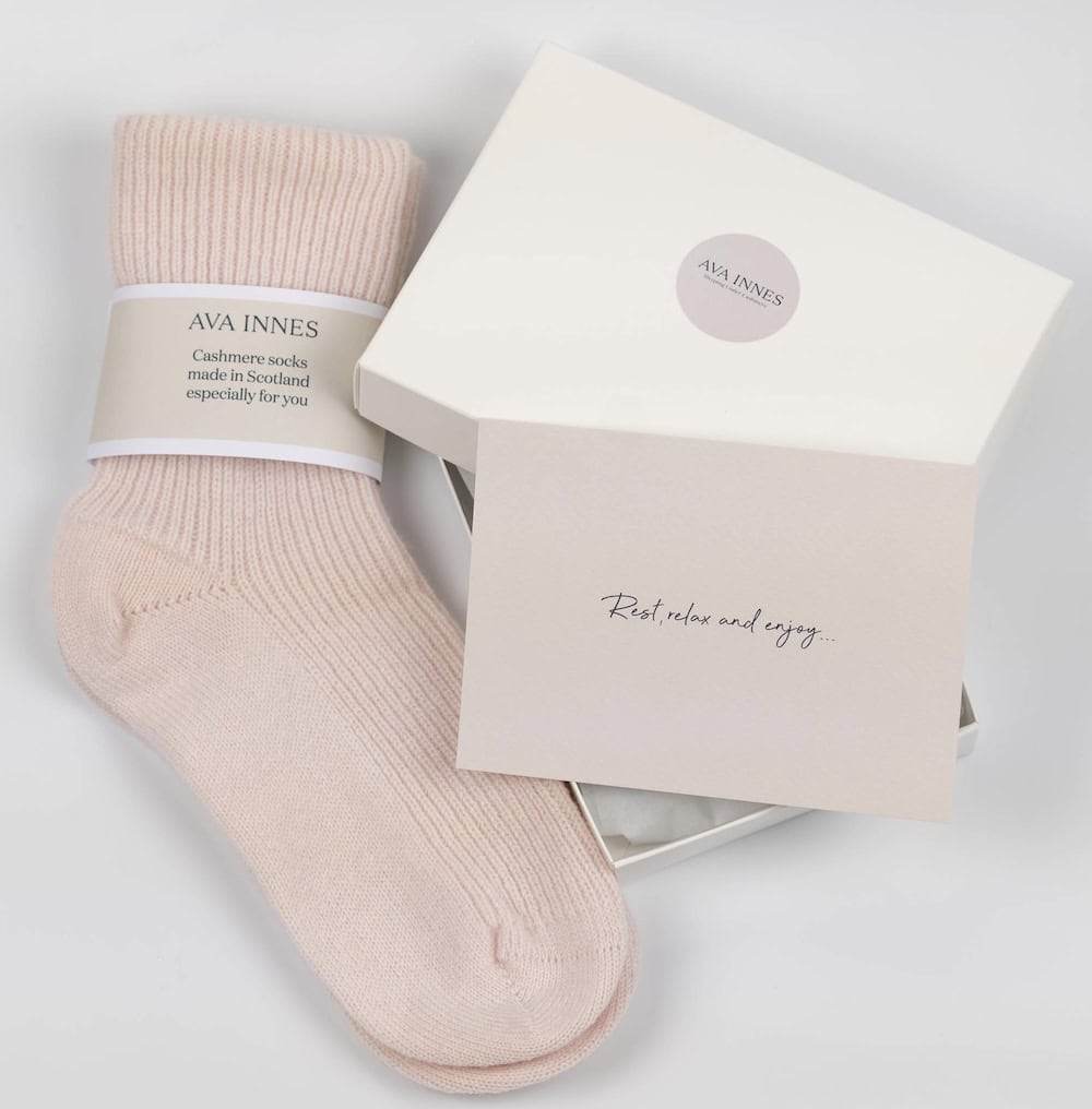 ava innes cashmere bed socks pink made in scotland in gift box