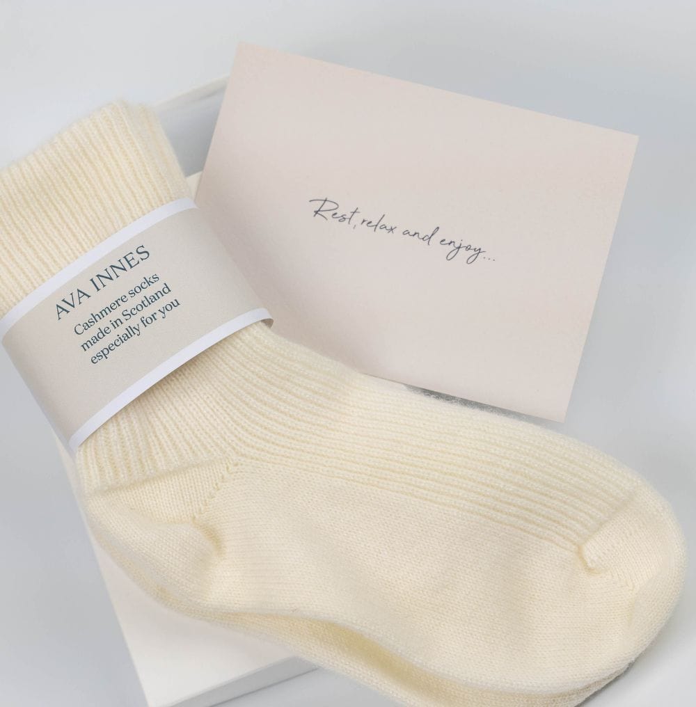 ava innes cream cashmere bed socks made in scotland in gift box