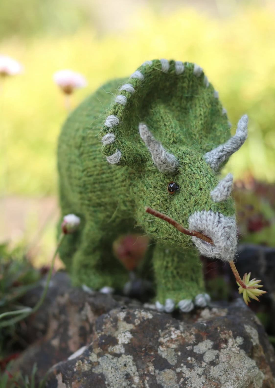 triceratops dinosaur knitting pattern by claire garland aka dot pebbles knits - so adorable and easy to knit for any dino lover in your life. Read my post to get all the info you need to get making this cuddly prehistoric toy today!