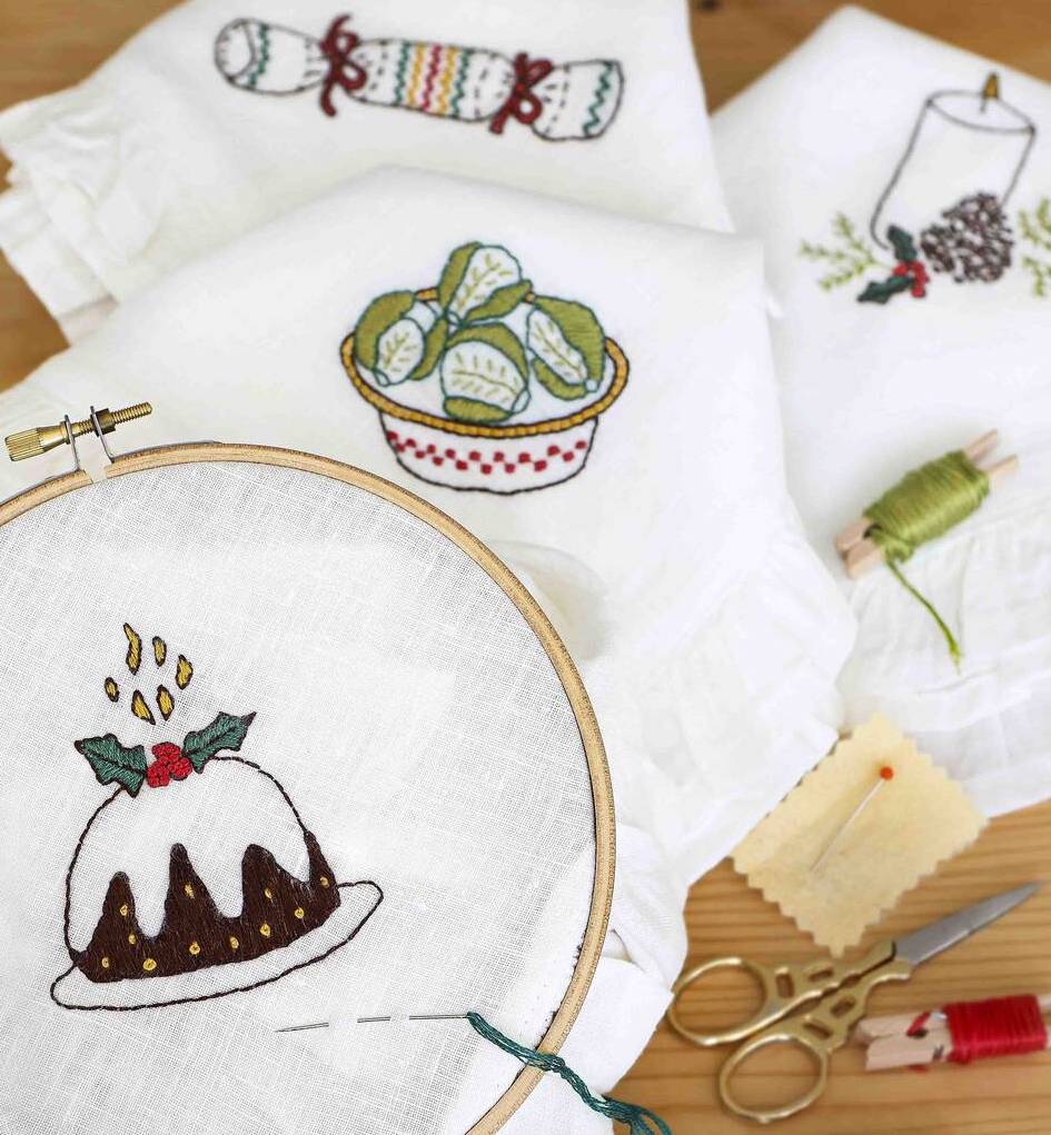 christmas embroidered linen napkins sewing kit