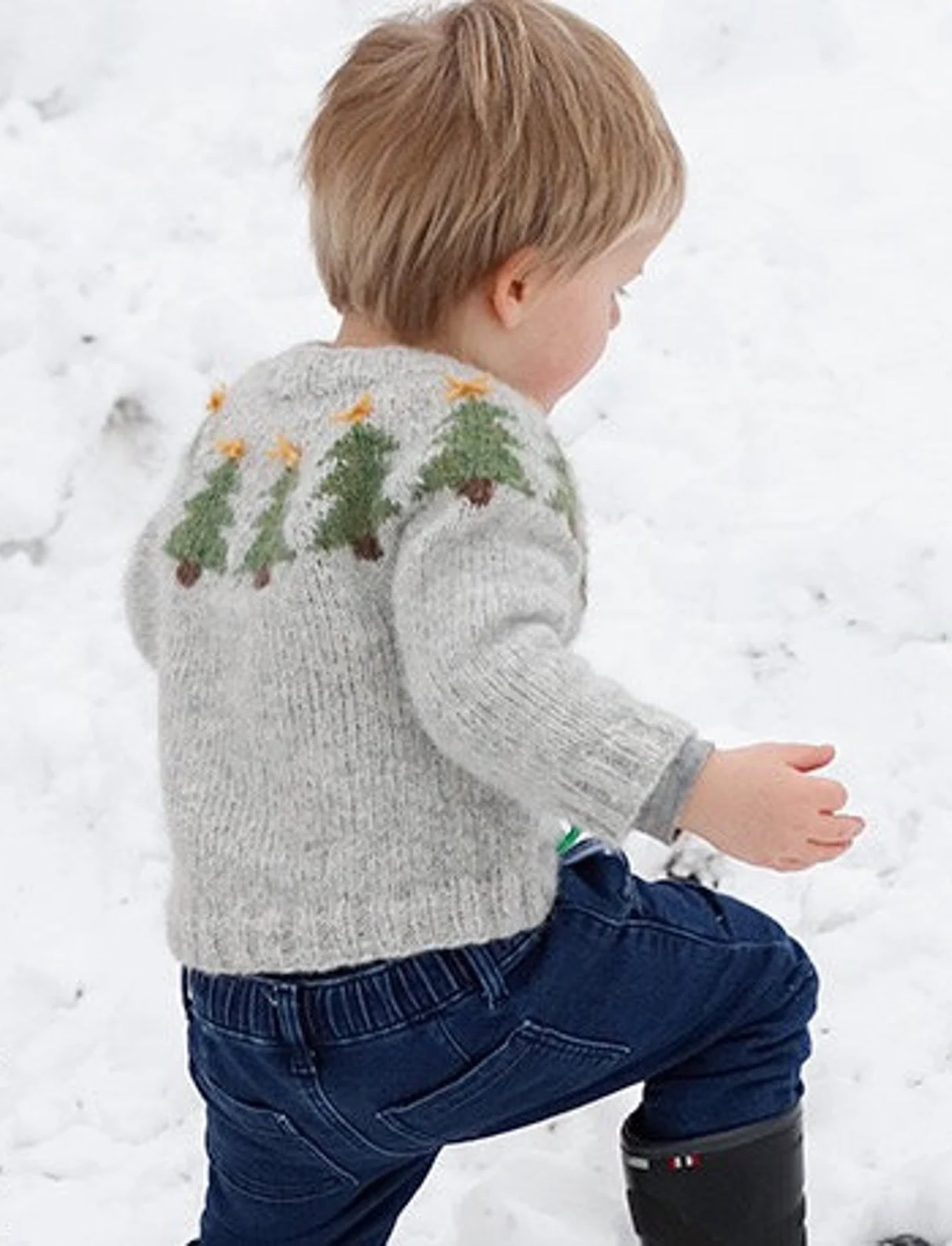 christmas jumper knitting kit for children in softest soft alpaca yarn and simple scandi christmas tree design. Available to buy on Etsy in age 2 upwards